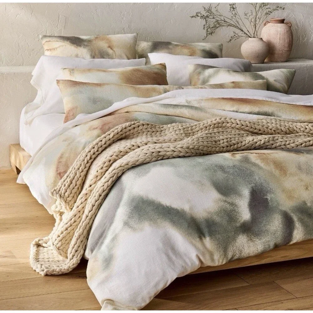 Queen Heavyweight Linen Blend Duvet Cover and Sham Set Washed Watercolor Print